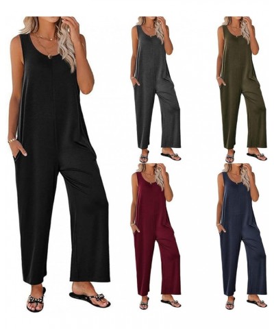 Women's Causal Jumpsuits Sleeveless Scoop Neck Romper Loose Fit Onesie Straight Wide Leg Pants Overalls with Pockets Wine Red...