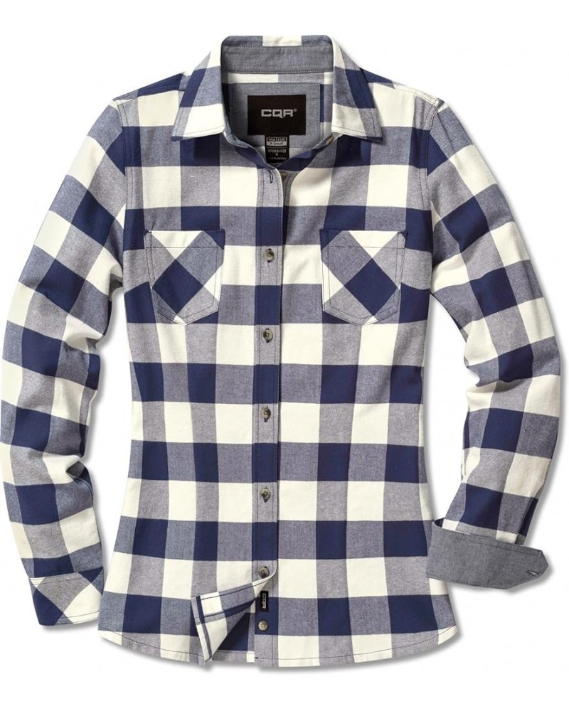 Women's Plaid Flannel Shirt Long Sleeve, All-Cotton Soft Brushed Casual Button Down Shirts Flannel Plaid Shirts Classic Navy ...