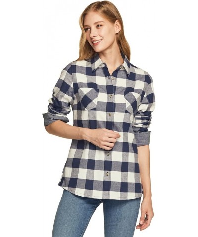 Women's Plaid Flannel Shirt Long Sleeve, All-Cotton Soft Brushed Casual Button Down Shirts Flannel Plaid Shirts Classic Navy ...