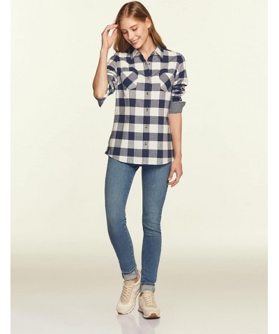 Women's Plaid Flannel Shirt Long Sleeve, All-Cotton Soft Brushed Casual Button Down Shirts Flannel Plaid Shirts Classic Navy ...