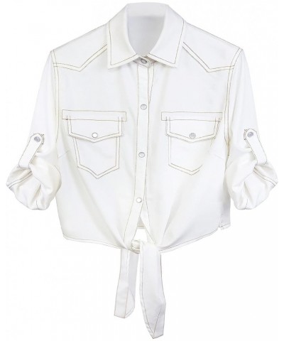 Womens Denim Shirts Tie Front Crop Top Button Down Chambray Jean Shirts White $16.23 Sweaters