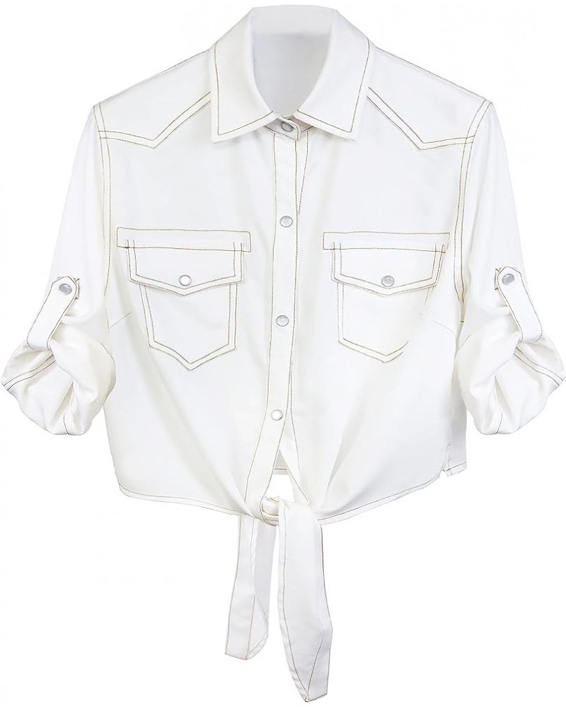 Womens Denim Shirts Tie Front Crop Top Button Down Chambray Jean Shirts White $16.23 Sweaters