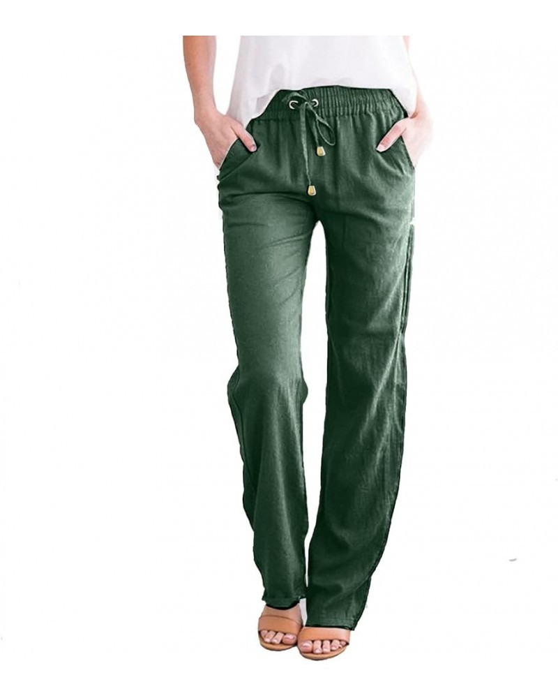 Womens Cotton Linen Pants Casual Straight Fit Drawstring Elastic High Waist Loose Comfy Long Trousers with Pockets Z1-green $...