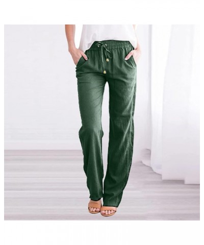 Womens Cotton Linen Pants Casual Straight Fit Drawstring Elastic High Waist Loose Comfy Long Trousers with Pockets Z1-green $...