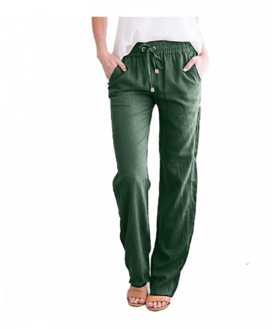 Womens Cotton Linen Pants Casual Straight Fit Drawstring Elastic High Waist Loose Comfy Long Trousers with Pockets Z1-green $...