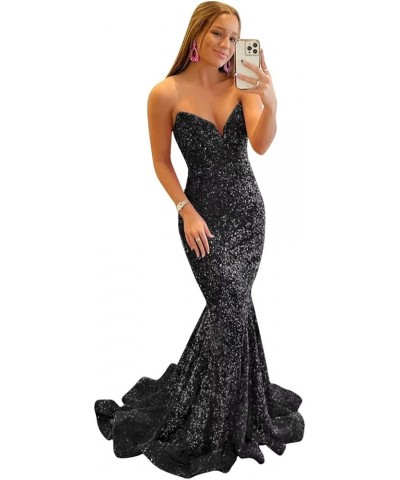 Sequin Prom Dresses 2024 Long Sparkly Mermaid Strapless V Neck Formal Evening Party Gowns Ruched Homecoming Dress Black $33.7...