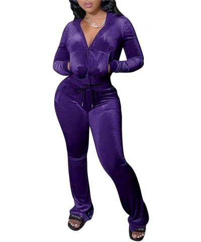 Womens Velvet 2 Piece Outftis Long Sleeve Zipper Hoodied Crop Top Long Pants Tracksuit Jogger Set Sweatsuits Purple $8.34 Act...