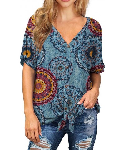 Womens Loose Henley Blouse Bat Wing Short Sleeve Button Down T Shirts Tie Front Knot Tops 31 Fp Mix Flower Blue $15.80 Tops