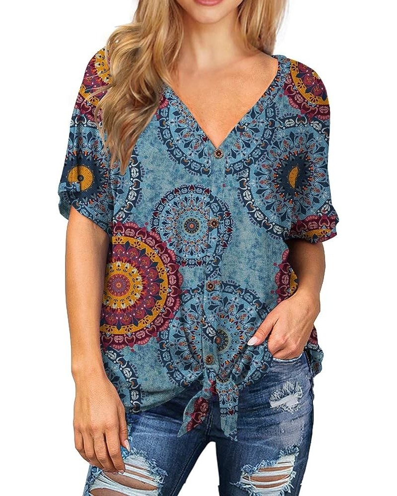 Womens Loose Henley Blouse Bat Wing Short Sleeve Button Down T Shirts Tie Front Knot Tops 31 Fp Mix Flower Blue $15.80 Tops