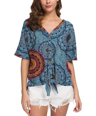 Womens Loose Henley Blouse Bat Wing Short Sleeve Button Down T Shirts Tie Front Knot Tops 31 Fp Mix Flower Blue $15.80 Tops