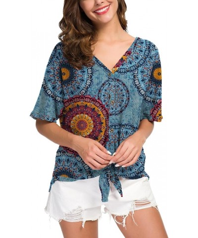 Womens Loose Henley Blouse Bat Wing Short Sleeve Button Down T Shirts Tie Front Knot Tops 31 Fp Mix Flower Blue $15.80 Tops