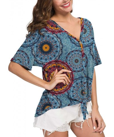 Womens Loose Henley Blouse Bat Wing Short Sleeve Button Down T Shirts Tie Front Knot Tops 31 Fp Mix Flower Blue $15.80 Tops