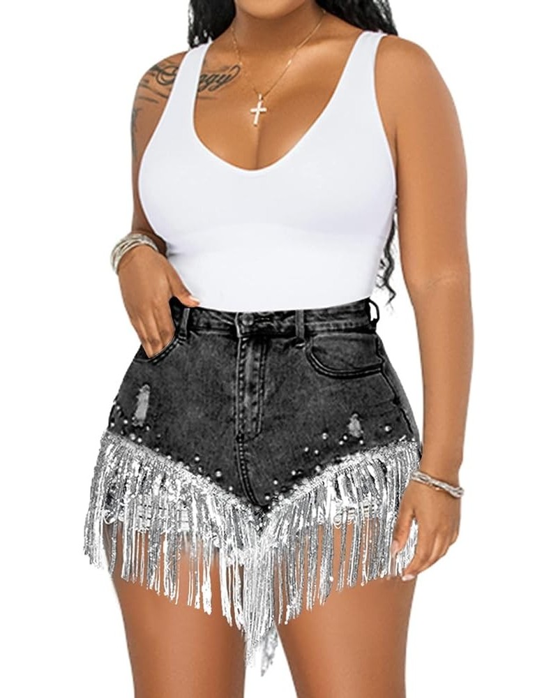 Women Denim Short Rhinestone Pearl Beaded Fringe Tassel Jean Short Black Stonewash $26.78 Shorts