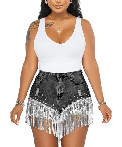 Women Denim Short Rhinestone Pearl Beaded Fringe Tassel Jean Short Black Stonewash $26.78 Shorts