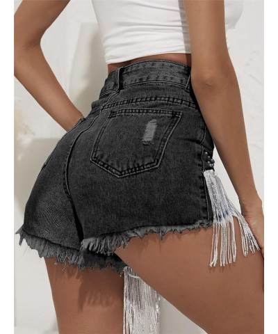 Women Denim Short Rhinestone Pearl Beaded Fringe Tassel Jean Short Black Stonewash $26.78 Shorts