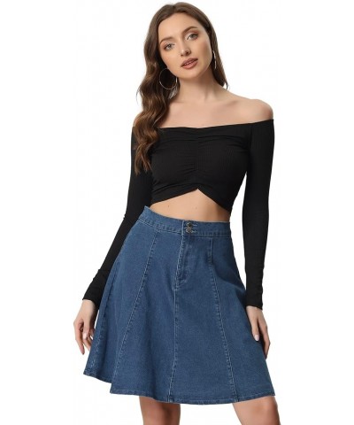 Women's High Waisted A-Line Flared Casual Denim Skirt Dark Blue $15.00 Skirts