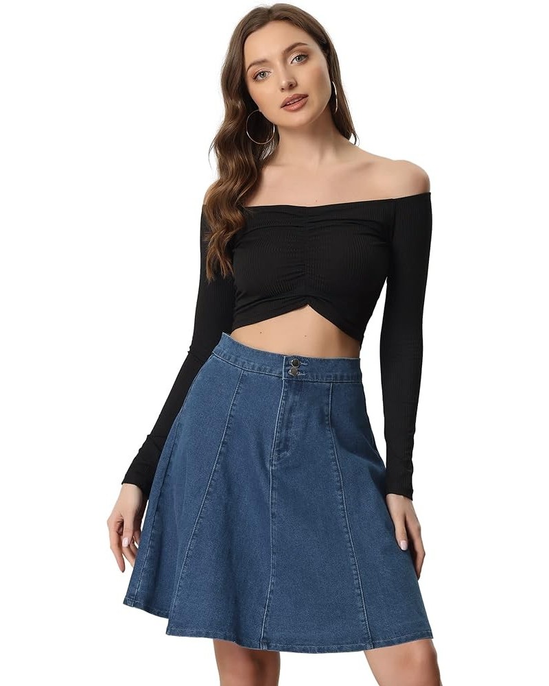 Women's High Waisted A-Line Flared Casual Denim Skirt Dark Blue $15.00 Skirts