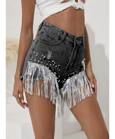 Women Denim Short Rhinestone Pearl Beaded Fringe Tassel Jean Short Black Stonewash $26.78 Shorts