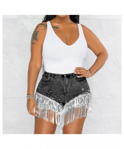 Women Denim Short Rhinestone Pearl Beaded Fringe Tassel Jean Short Black Stonewash $26.78 Shorts