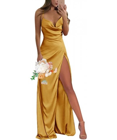 Spaghetti Straps Satin Bridesmaid Dresses Mermaid Long Prom Ball Gowns with Slit Gold $28.75 Dresses