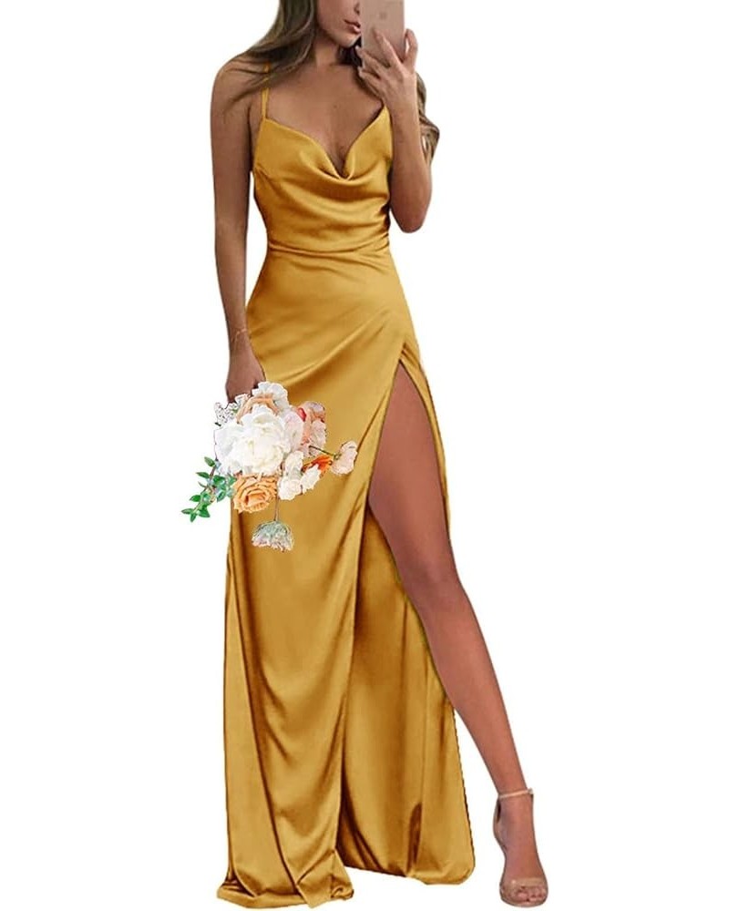 Spaghetti Straps Satin Bridesmaid Dresses Mermaid Long Prom Ball Gowns with Slit Gold $28.75 Dresses