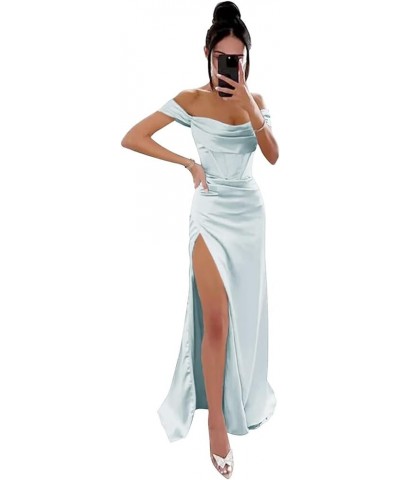 Prom Dresses Long Off Shoulder Cowl Neck High Slit Formal Party Gowns Sky Blue $29.50 Dresses