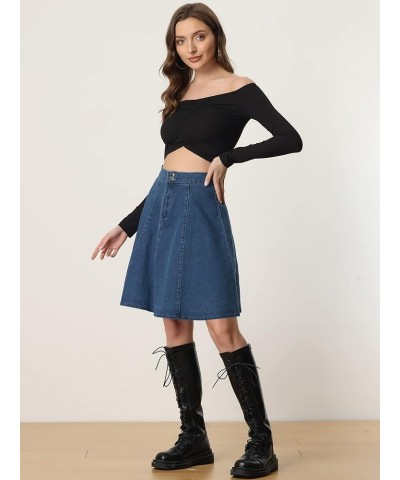 Women's High Waisted A-Line Flared Casual Denim Skirt Dark Blue $15.00 Skirts