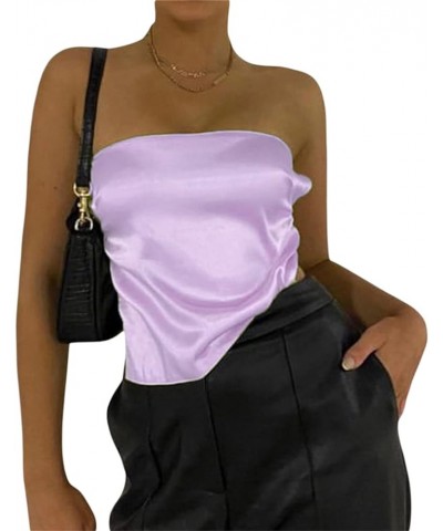 Women 's Sexy Strapless Tube Top Sleeveless Solid Color Bandage Crop Tank Tops Off Shoulder Cami Satin Tank Top-purple $9.29 ...