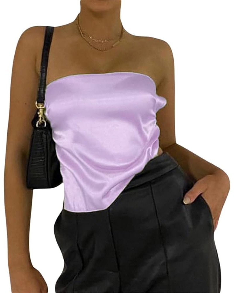 Women 's Sexy Strapless Tube Top Sleeveless Solid Color Bandage Crop Tank Tops Off Shoulder Cami Satin Tank Top-purple $9.29 ...