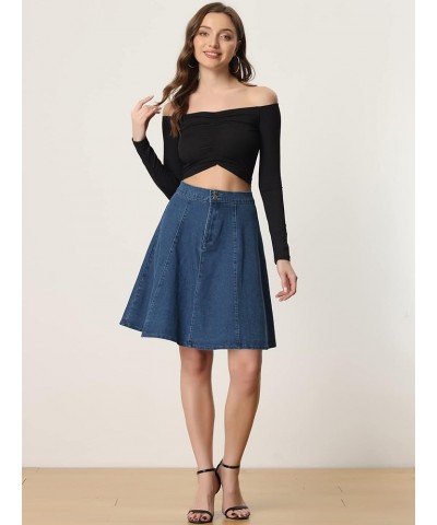 Women's High Waisted A-Line Flared Casual Denim Skirt Dark Blue $15.00 Skirts