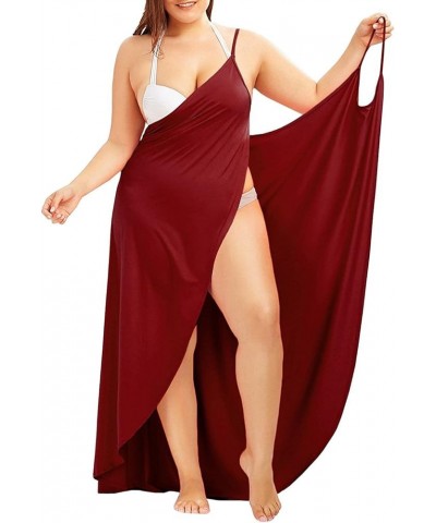 Plus Size Spaghetti Strap Cover Up Beach Backless Wrap Long Dress Wine Red $16.32 Swimsuits