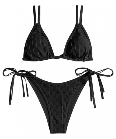 Bathing Suit Bikini Set - Checkered Swimwear Tie Side High Cut Thong Triangle Two Piece Swim Suit for Women 2024 Black $16.17...