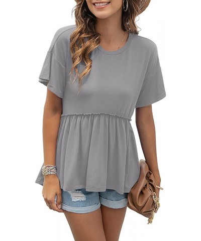 Women's Loose Ruffle Hem Short Sleeve High Low Peplum Blouse Top A- 14 Grey $12.47 Blouses