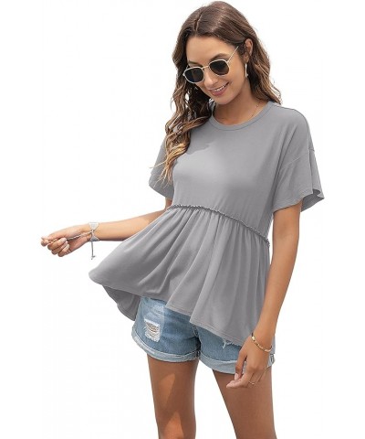 Women's Loose Ruffle Hem Short Sleeve High Low Peplum Blouse Top A- 14 Grey $12.47 Blouses