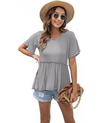 Women's Loose Ruffle Hem Short Sleeve High Low Peplum Blouse Top A- 14 Grey $12.47 Blouses