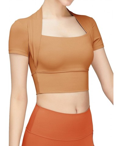 Women Workout Tops Short Sleeve Crop Top Gym Shirts Yoga Athletic with Built in Bra Caramel $17.27 Shirts