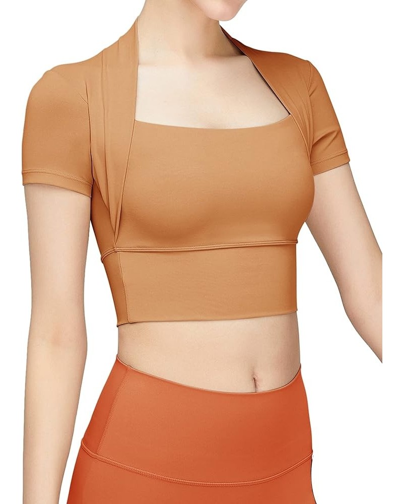 Women Workout Tops Short Sleeve Crop Top Gym Shirts Yoga Athletic with Built in Bra Caramel $17.27 Shirts