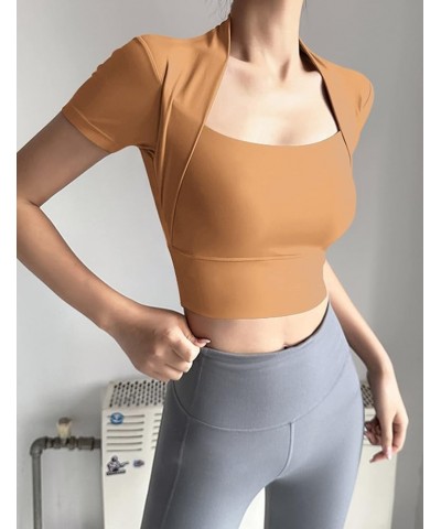 Women Workout Tops Short Sleeve Crop Top Gym Shirts Yoga Athletic with Built in Bra Caramel $17.27 Shirts