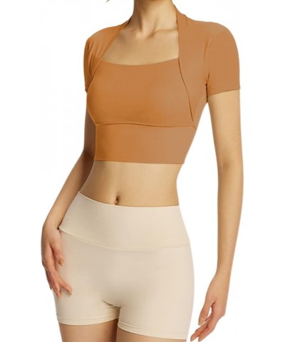 Women Workout Tops Short Sleeve Crop Top Gym Shirts Yoga Athletic with Built in Bra Caramel $17.27 Shirts