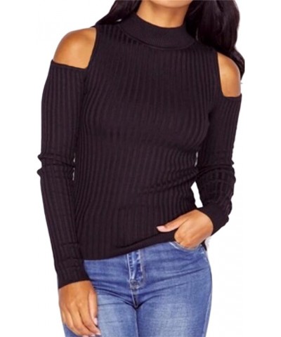 Womens Fall Casual Cold Shoulder Sweater Casual Mock Neck Kitted Pullover Jumper Tops Black $11.00 Sweaters