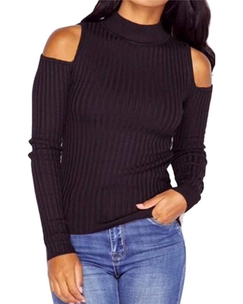 Womens Fall Casual Cold Shoulder Sweater Casual Mock Neck Kitted Pullover Jumper Tops Black $11.00 Sweaters