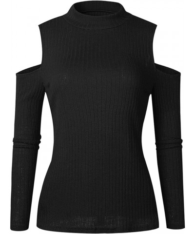 Womens Fall Casual Cold Shoulder Sweater Casual Mock Neck Kitted Pullover Jumper Tops Black $11.00 Sweaters