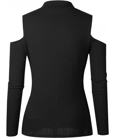 Womens Fall Casual Cold Shoulder Sweater Casual Mock Neck Kitted Pullover Jumper Tops Black $11.00 Sweaters