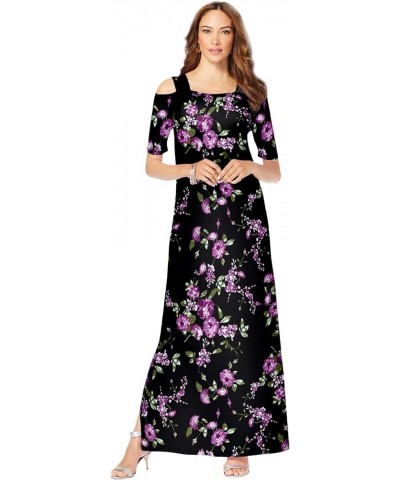 Women's Plus Size Ultrasmooth Fabric Cold-Shoulder Maxi Dress Long Stretch Jersey Purple Rose Floral $19.72 Dresses