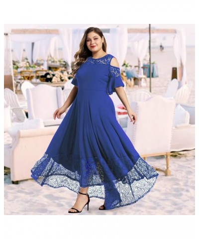 Womens Plus Size Lace Cold Shoulder Casual Long Plain Evening Party Maxi Dress L-5X Blue $19.68 Dresses