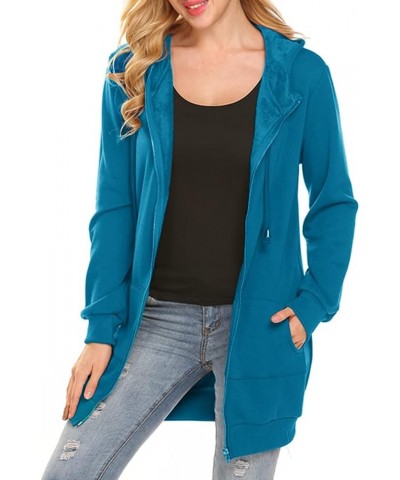 Women's Casual Pockets Zip Up Hoodies Fleece Tunic Sweatshirt Long Hoodie Jacket Coat Peacock Blue $17.60 Hoodies & Sweatshirts