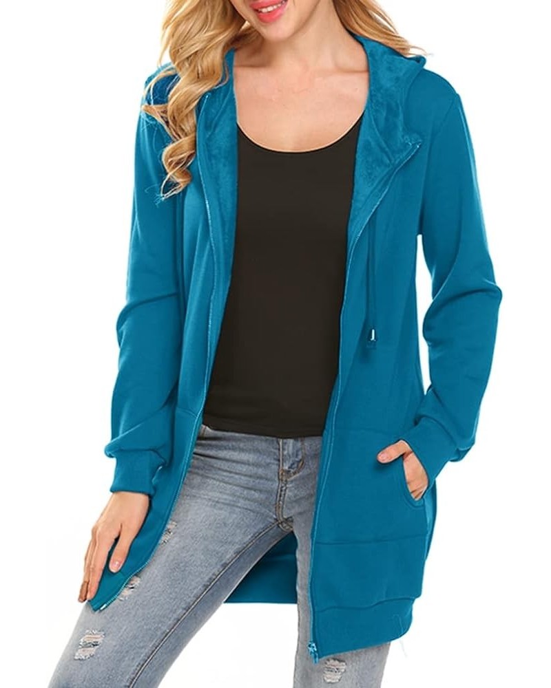 Women's Casual Pockets Zip Up Hoodies Fleece Tunic Sweatshirt Long Hoodie Jacket Coat Peacock Blue $17.60 Hoodies & Sweatshirts