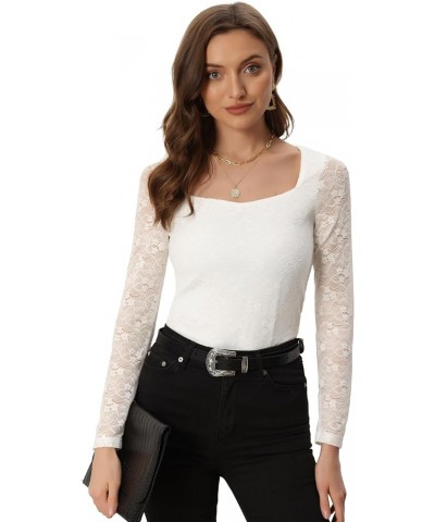 Lace Blouse for Women's Sweetheart Neck Long Sleeves Elegant Tops White $18.53 Blouses