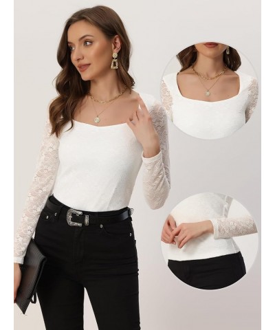 Lace Blouse for Women's Sweetheart Neck Long Sleeves Elegant Tops White $18.53 Blouses