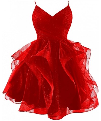 Glitter Tulle Spaghetti Straps Short Prom Dresses for Teens Tiered Homecoming Dresses 2024 V-Neck Mini Cocktail Dress Red $34...